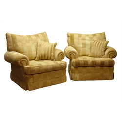  Duresta three piece lounge suite - large three seat sofa (W240cm, D110cm), and pair matching armchairs (W110cm), upholstered gold striped fabric with scatter cushions  