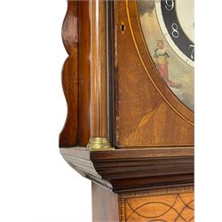 John Stonehouse of Leeds - mahogany 8-day longcase clock with a painted oval dial c1830, hood with a swans necked pediment and profuse contrasting inlay to both the hood and case, oval hood door with flanking pilasters and Corinthian capitals, conforming case with canted corners and short triple spire door, broad plinth with matching inlay and canted corners on shallow base, dial depicting masonic regalia, symbols, and pictorial depictions of the humanities, faith, hope, charity and righteousness, black chapter with white roman Arabic’s, date recorder and matching “crown” hands, dial pinned to a rack striking movement with a recoil anchor escapement, striking the hours on a coiled underslung gong. With weights and gridiron pendulum. 
This clock case is of large, impressive dimensions and was almost certainly commissioned for a large masonic lodge in Leeds, a rare and unique example.