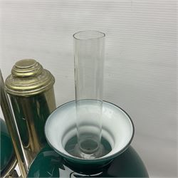 Miller & Sons Piccadilly polished brass double adjustable student's oil lamp, with green glass shades, H52cm