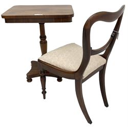 19th century mahogany pedestal table, rectangular top with rounded corners on turned column, shaped platform on turned feet (60cm x 44cm, H74cm); early 19th century rosewood side chair, shaped back over carved middle rail, drop-in upholstered seat, on turned and lappet carved front supports (W47cm)