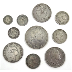  Collection of George III, George IV and William IIII coins George III 1820 crown, 1819 halfcrown and 1816 shilling, George IV 1823 halfcrown, 1826 shilling and 1824 sixpence, William IIII 1836 halfcrown, 1834 shilling, 1831 sixpence and 1836 threepence (10)  