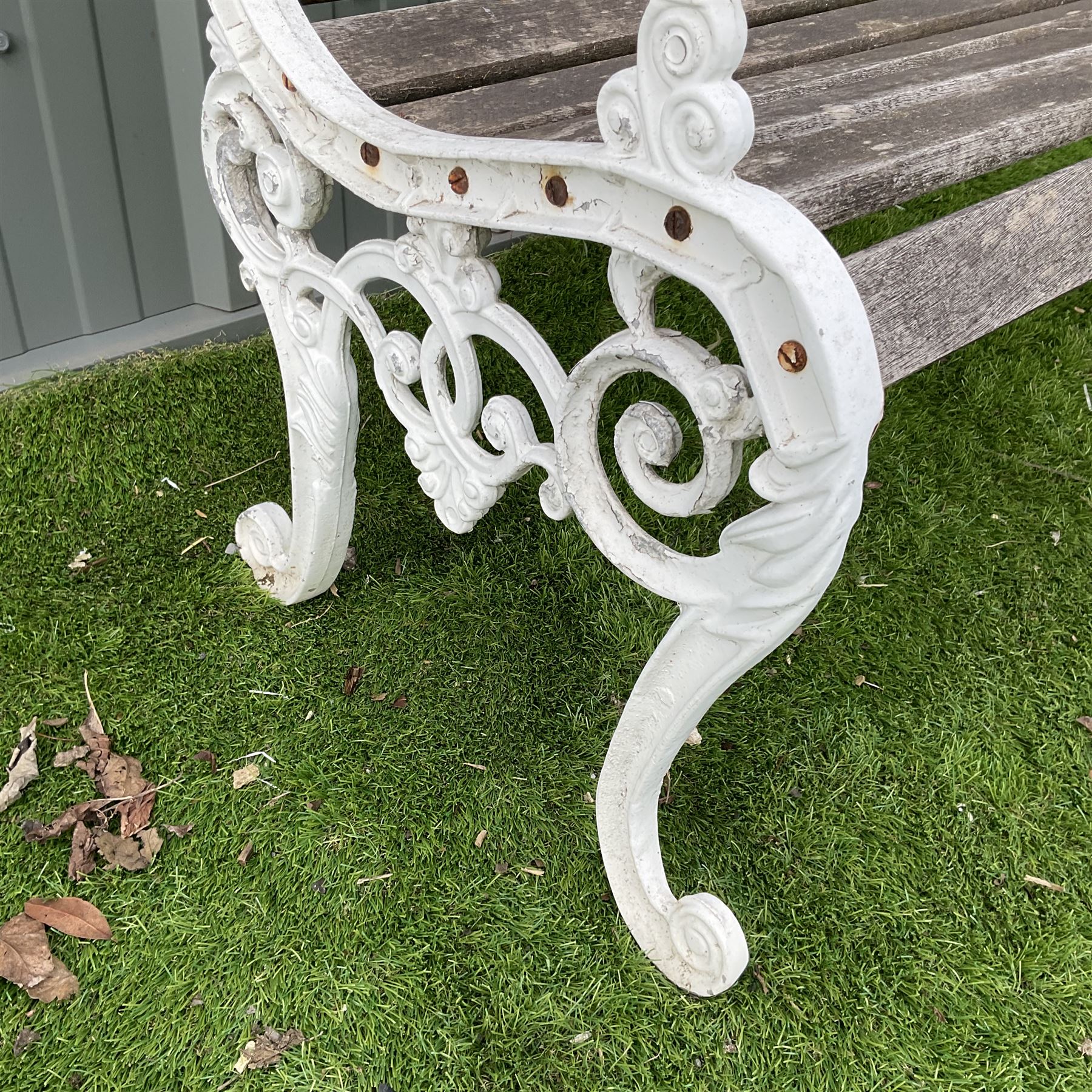 Cast aluminium and wood slatted garden bench painted in white  - THIS LOT IS TO BE COLLECTED BY APPOINTMENT FROM DUGGLEBY STORAGE, GREAT HILL, EASTFIELD, SCARBOROUGH, YO11 3TX
