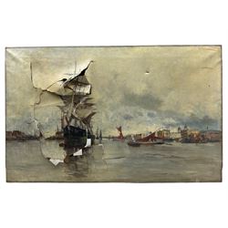 Charles James Lauder (British 1841-1920): Tall Ship in Port, oil on canvas signed (a/f) 76cm x 121cm