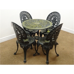  Painted ornate aluminium garden table (D69cm, H69cm) and four matching chairs (W40cm)  