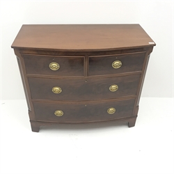  19th century mahogany bow front chest, two short and two long drawers, canted and fluted corners, shaped bracket supports, W105cm, H91cm, D52cm  
