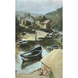 Jon Hall (Northern British 1956-): Cobles in Staithes Beck, pastel signed and dated '90, signed and inscribed verso 62cm x 37cm