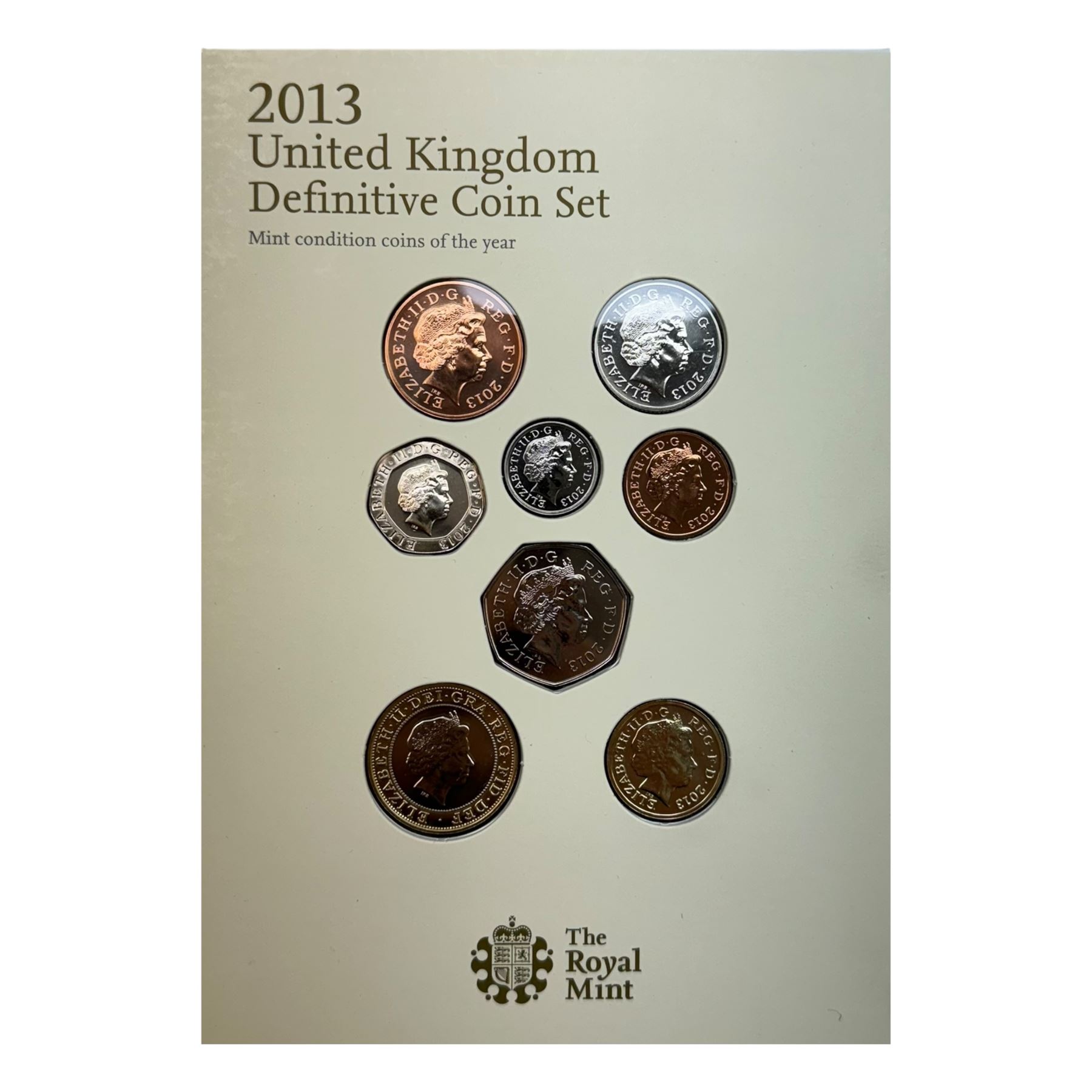 Six The Royal Mint United Kingdom uncirculated coins or sets, comprising  2008 'Queen Elizabeth I' five pounds, 2010 twelve coins, 2012 'Definitive' eight coins, 2013 'Definitive' eight coins, 2014 'Definitive' eight coins and 2015 'The Fourth Circulating Coinage Portrait Final Edition' eight coins, all in card folders