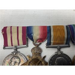 WW1 British Royal Navy Campaign and Royal Naval Fleet Reserve Long Service and Good Conduct group of five medals comprising British War Medal, 1914-15 Star and Victory Medal awarded to SS.113274 J.W. Baines Sto.1 R.N.; Naval general Service Medal to J.W. Baines Sto.1 N.B.; and Royal Fleet Reserve Long Service and Good Conduct Medal to SS.113274 (Dev. B.7397) J.W. Baines Sto.1 R.F.R.; all with ribbons