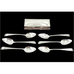 Set of six George III silver teaspoons, bright cut decoration and engraved initial HK by Peter & Ann Bateman and a silver lidded rectangular box by John Silverston, Birmingham 1903, approx 4.6oz