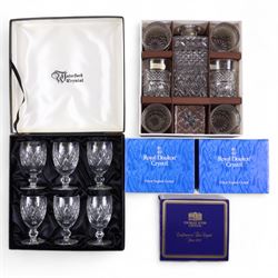Set of six Waterford Boyne claret glasses, Bohemia lead crystal decanter and glasses set, two pairs of Royal Doulton crystal glasses and a Thomas Webb crystal bowl, all boxed