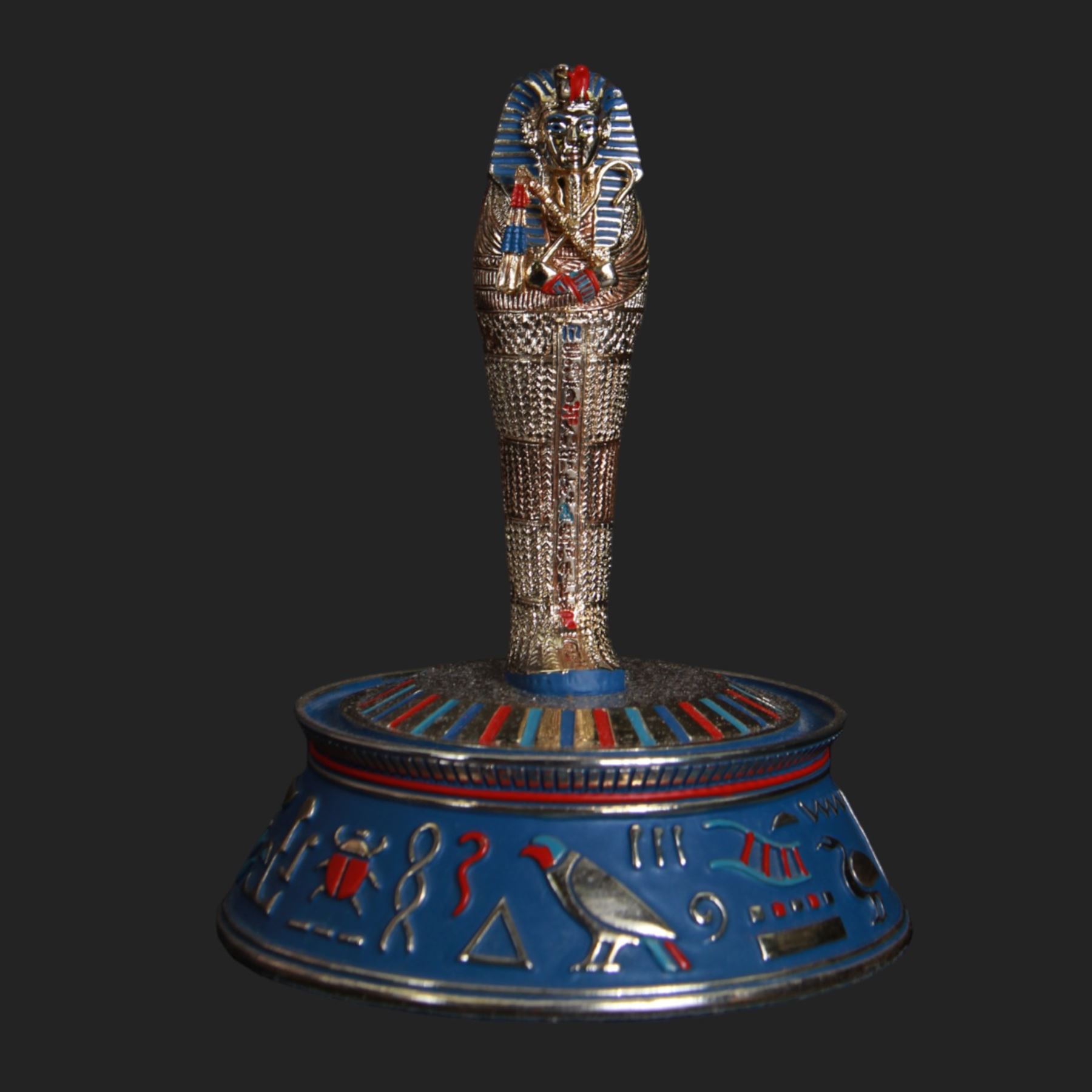 Franklin Mint seven Egyptian models under glass domes, including The Pharaoh and his Queen, The Mask of Tutankhamun, The Sacred Bast Cat, The Mighty Sun God Ra Harakhty etc, largest H22cm 