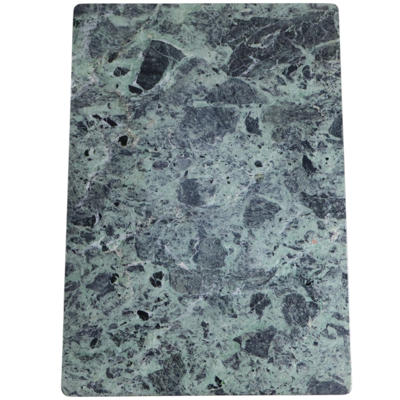 Small green marble topped occasional table, the rectangular top with dark veining raised on slender black painted metal legs, H 29cm, W 50cm