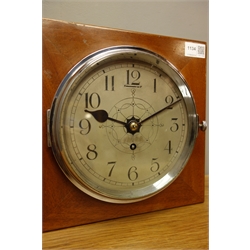  20th century Ships type clock, silvered Arabic dial in chromed bevelled glass bezel, single train keywind movement on wooden mount, H27cm, W26cm  