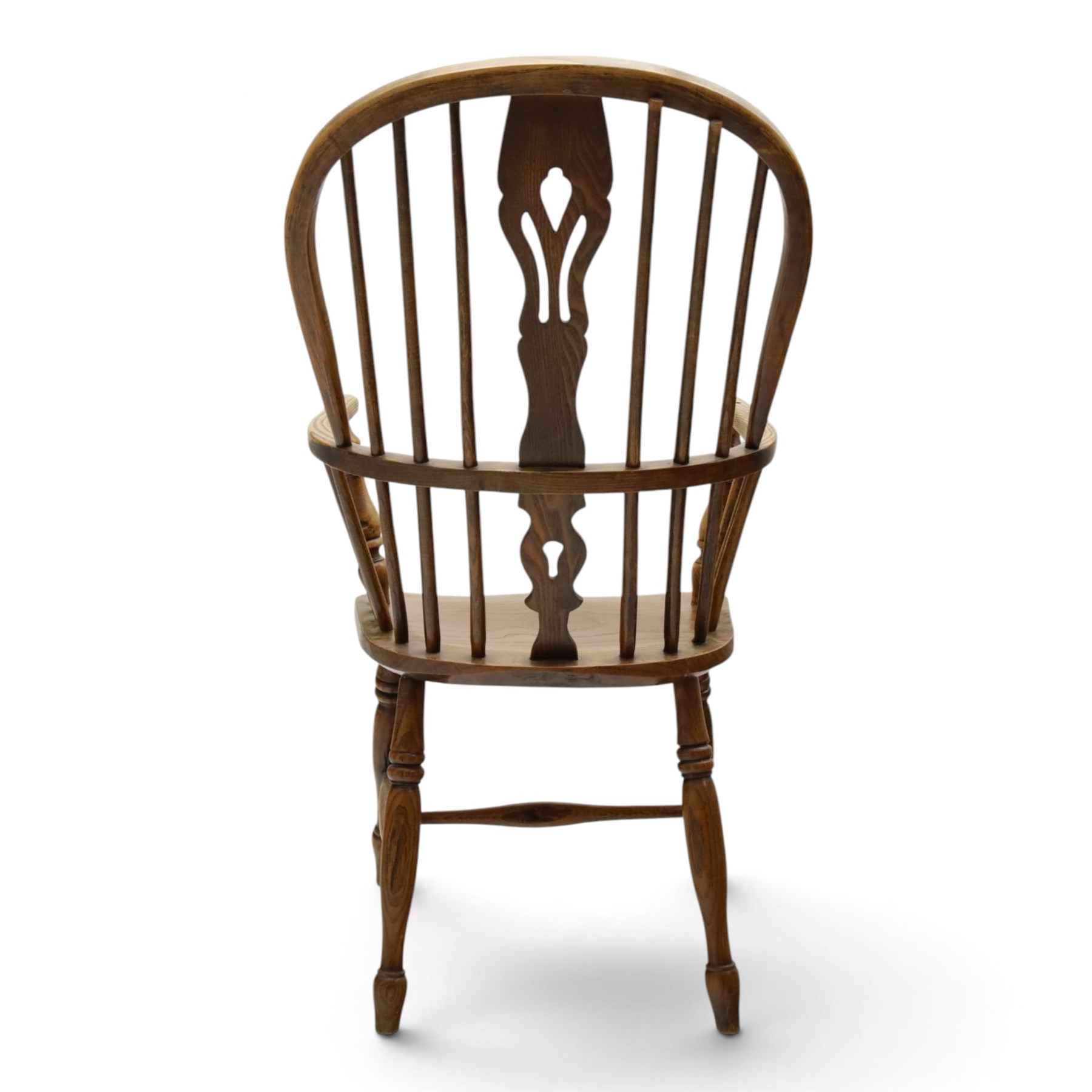 Early 20th century elm and ash high-back Windsor chair, double hoop-and-stick back with pierced and shaped splat, on turned supports joined by H-stretcher