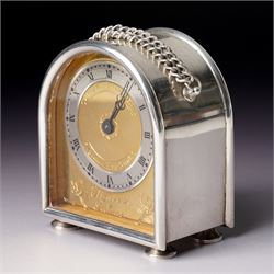 Chas Frodsham - Elizabeth II commemorative miniature carriage clock with platform lever escapement, gilt brass dial inscribed  'Elizabeth of Glamis' in domed silver case with chain handle H8cm London 1980 with key