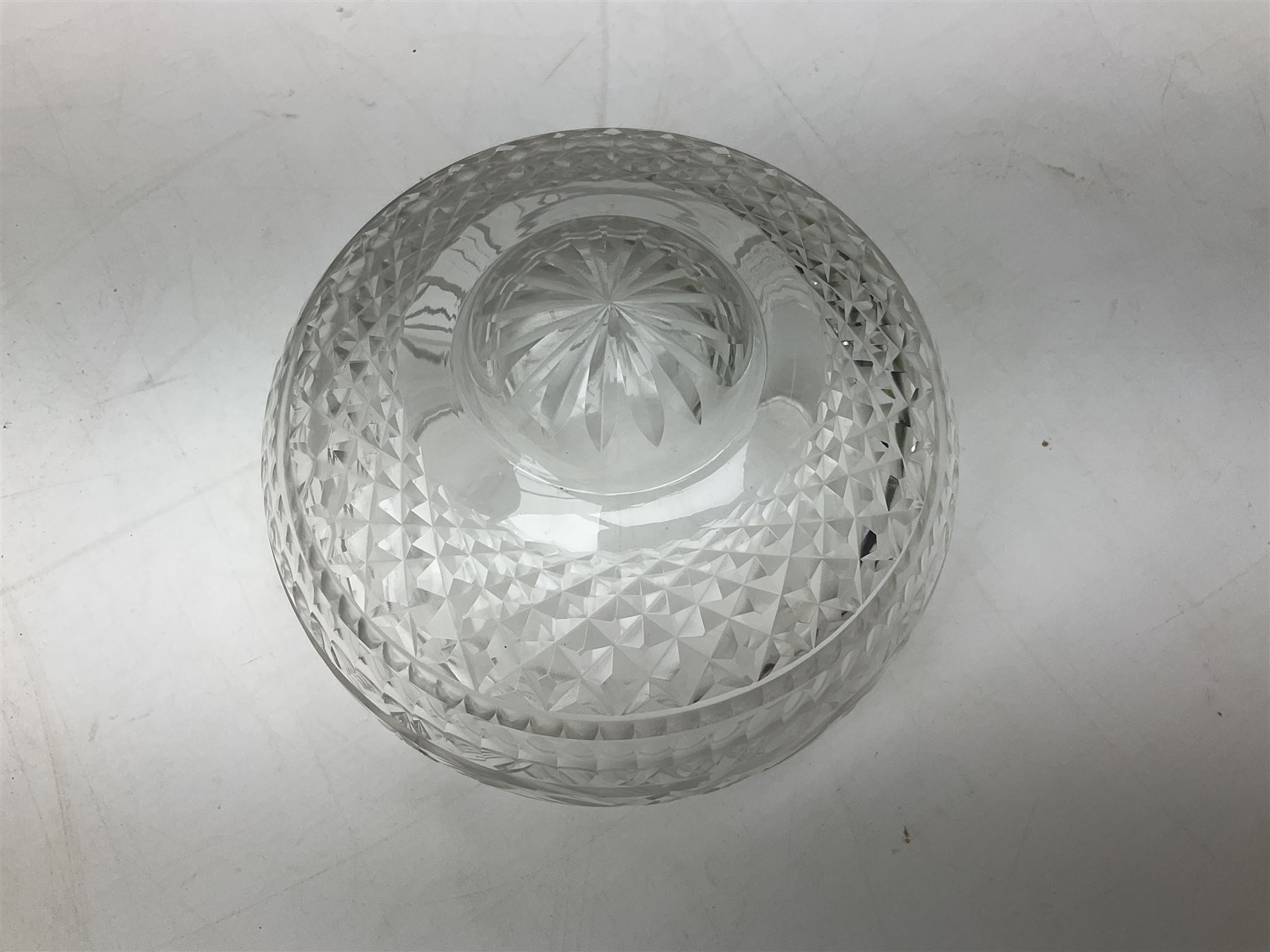 Waterford style cut crystal table lamp with mushroom shade and shaped central column upon a circular spreading foot, H39cm