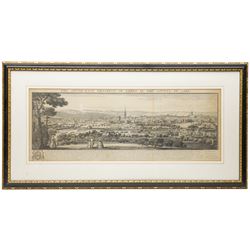 After Samuel Buck (British 1696-1779) and Nathaniel Buck (British fl. 1724-1759): 'The South East Prospect of the City of York' and 'The South East Prospect of Leeds in the County of York', pair of engravings pub. 1745, in matching frames 31cm x 82cm (2)