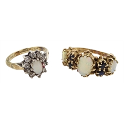 9ct gold opal and stone set ring, silver opal and stone set ring, both hallmarked and five 9ct gold and gold mounted charms