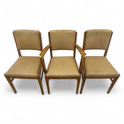 Gordon Russell - mid 20th century teak dining suite, comprising rectangular extending dining table and six matching chairs including one carver, each chair with padded upholstered seat and backrest in vinyl, on square supports, the table with plain top and rounded edges on tapered legs, an example of the firm’s functional post-war design with restrained modernist detailing (Chairs H 85cm, W 47cm, D 46cm) (Extends to 154cm)