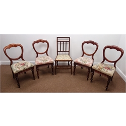  Four Victorian mahogany spoon back dining chairs, upholstered drop on seats, turned supports and an inlaid Edwardian bedroom chair  