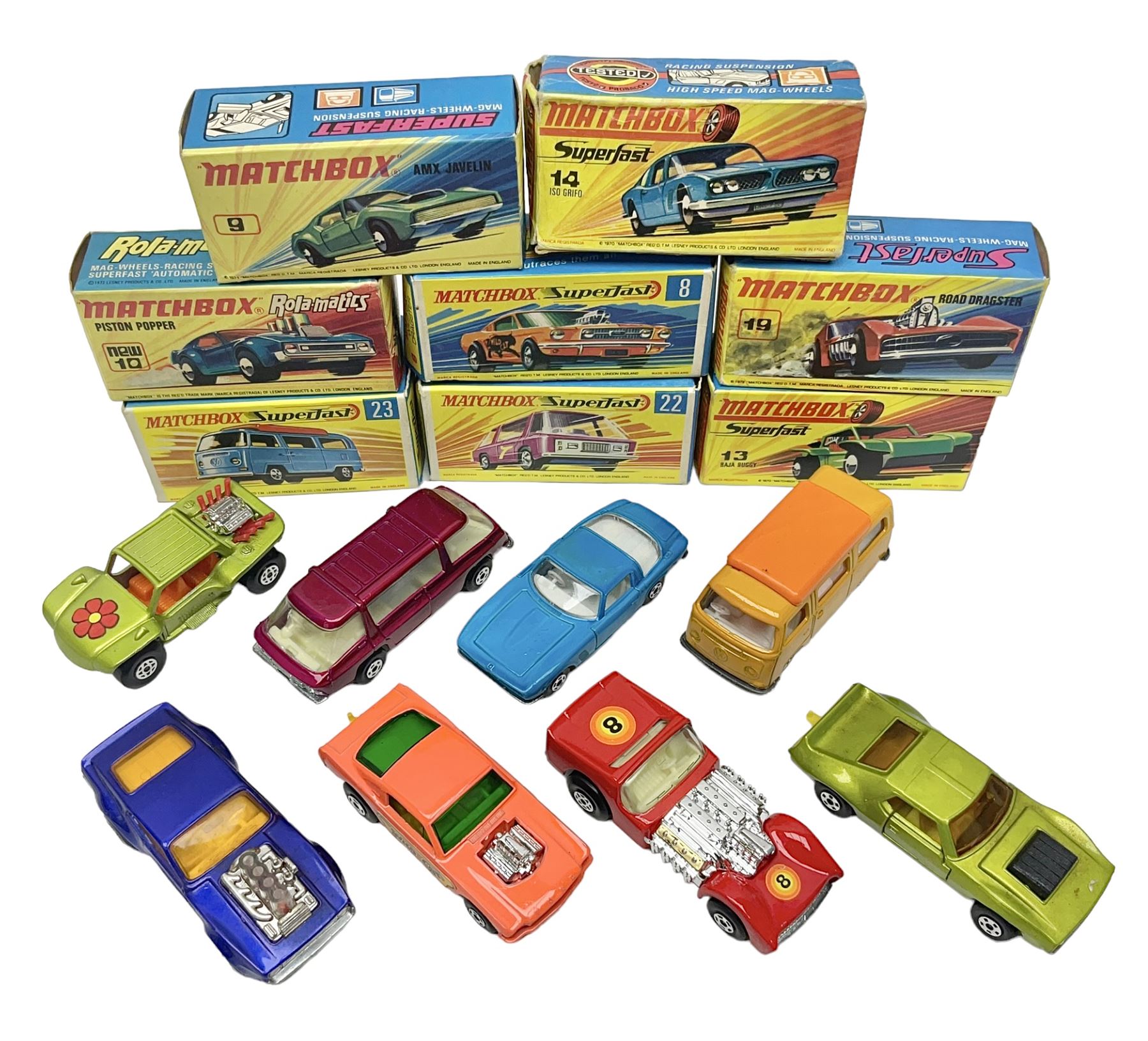 Matchbox 1-75 Series 'Superfast' ex-shop stock - eight models comprising 8f Wildcat Dragster, 9e AMX Javelin, 10e Piston Popper, 13e Baja Buggy, 14d Iso Grifo, 19e Road Dragster, 22d Freeman Intercity Commuter and 23e Volkswagen Camper; all boxed (8)