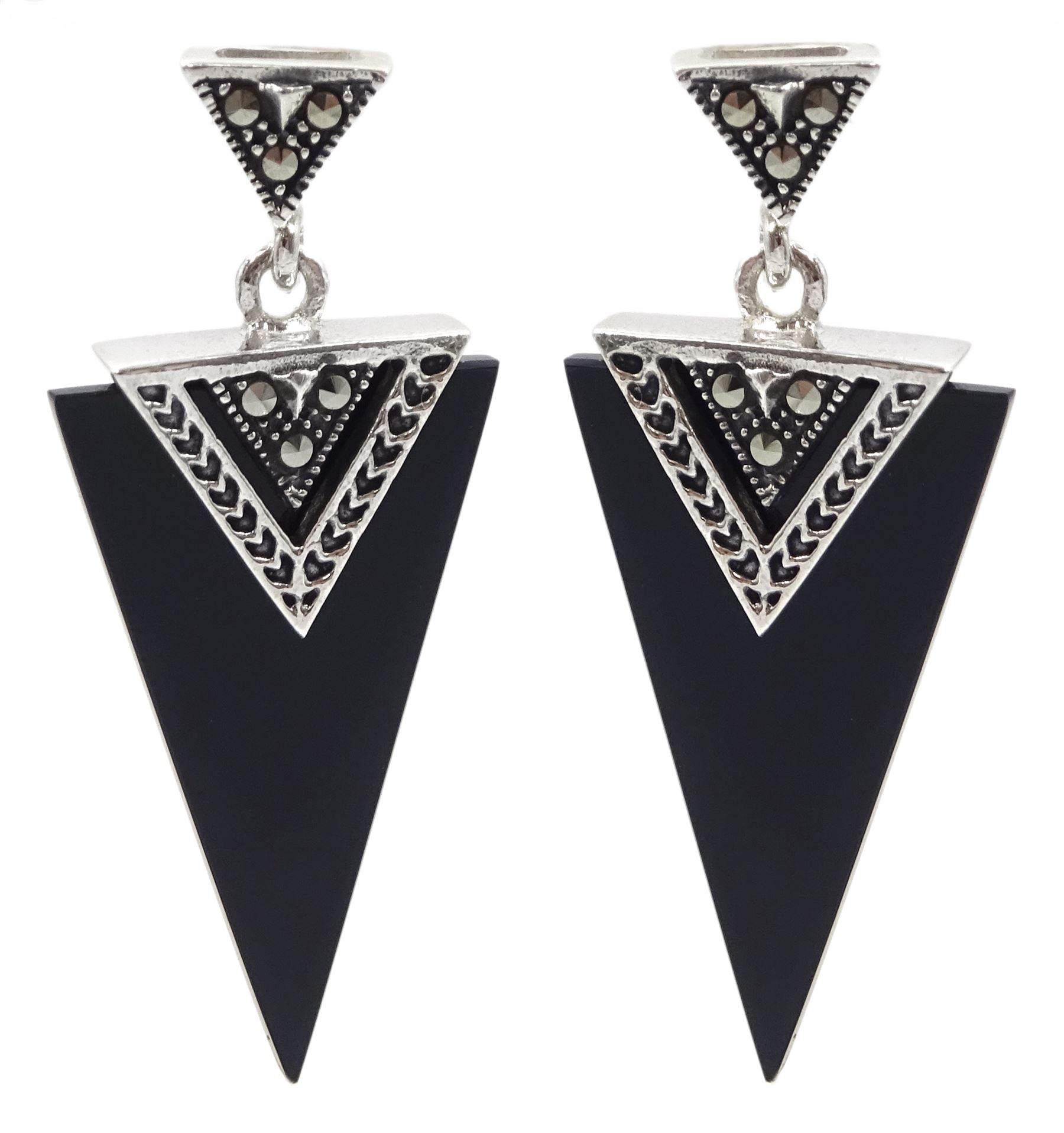 Pair of silver black agate and marcasite triangle pendant stud earrings, stamped 925 