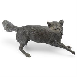 Spelter figure of a crouching fox, H24cm, L70cm 