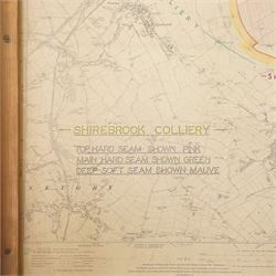 Ordnance Survey: Shirebrook Colliery, mid 20th century large-scale lithographic survey map with hand-coloured mine workings and seam boundaries, mounted on wooden rollers