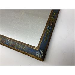 19th century wall mirror, the frame painted with floral sprays in ochre, burgundy, green and blue on cobalt blue ground, bordered with bands of gilt, H34cm W26cm