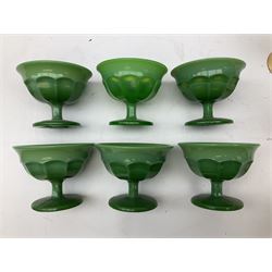 Set of six Art Deco style green glass sundae dishes, H9cm along with set of six Bohemian style glasses with twisted gilt stems