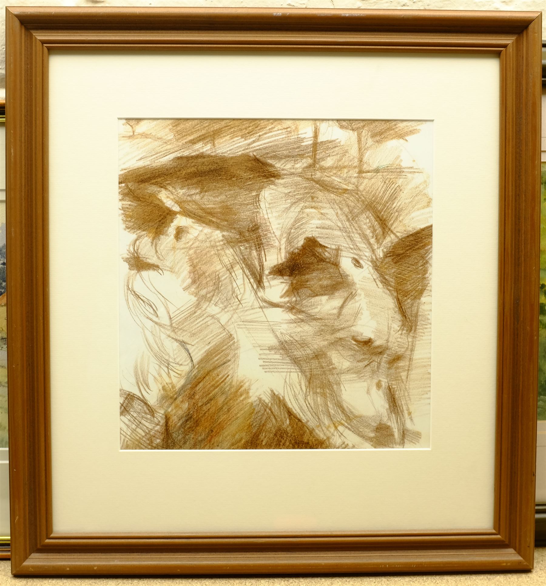 Tony Hunter (British ?-2015): 'WI Juniors', watercolour signed, titled verso 23cm x 34cm; Kate Helm (British Contemporary): 'Ruswarp Mill' Whitby, oil on board signed, titled verso 24cm x 25cm; Study of a Collie Dog, coloured crayon unsigned29cm x 28cm (3)