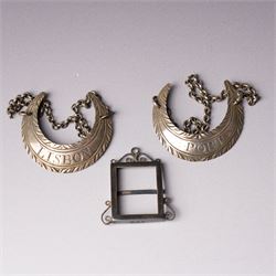 Glass whisky noggin with silver hinged cover and clear glass handle H10cm Birmingham 1921 Maker Hukin & Heath, a pair of early silver decanter labels 'Lisbon' and 'Port' and a small silver frame 