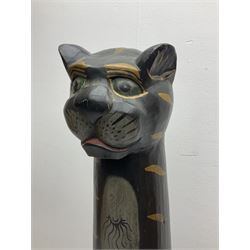 Large wood figure of a black cat with Egyptian style and gilt decoration, H151cm