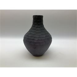 Two Dartington Studio Fossae Punched glass vases, in black and grape H38cm max (2)