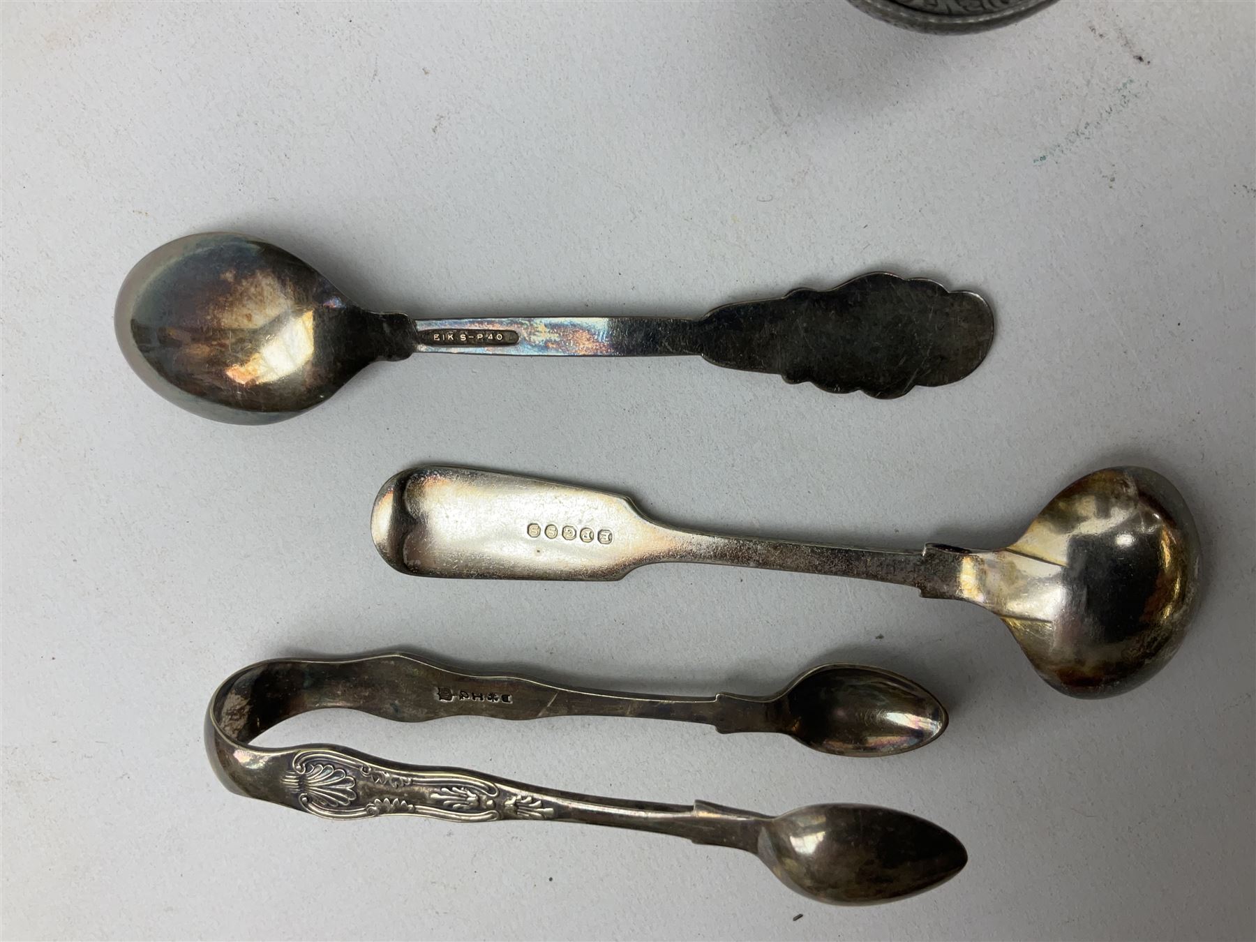 Collection of pewter to include, quart jug, one pint jug measure, teapot etc and other metalware including two Walker & Hall serving dishes