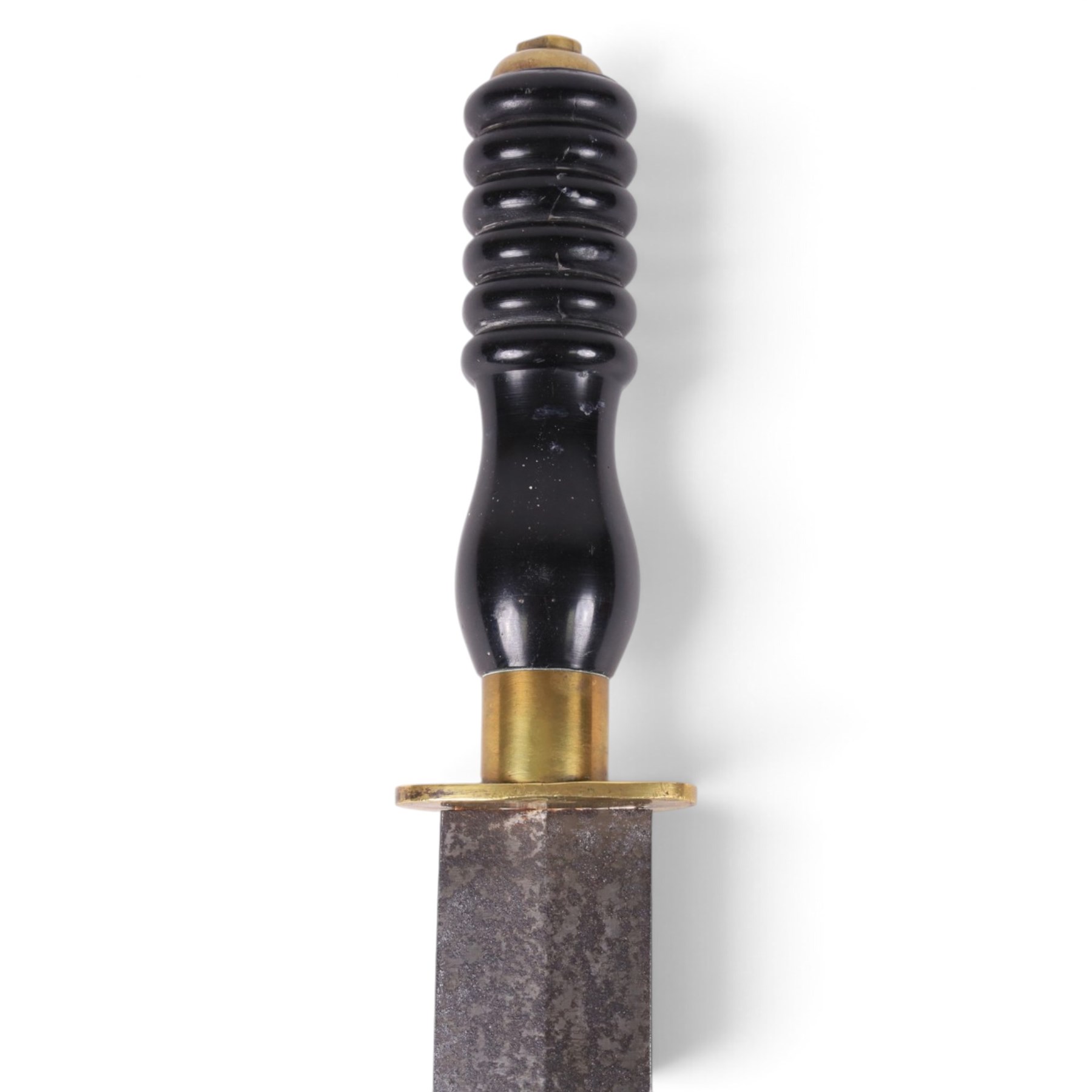 1930s German diver's knife by Siebe Gorman & Co, with double edged 20cm blade, brass crossguard and turned Bakelite handle, housed within brass scabbard with leather belt-loop