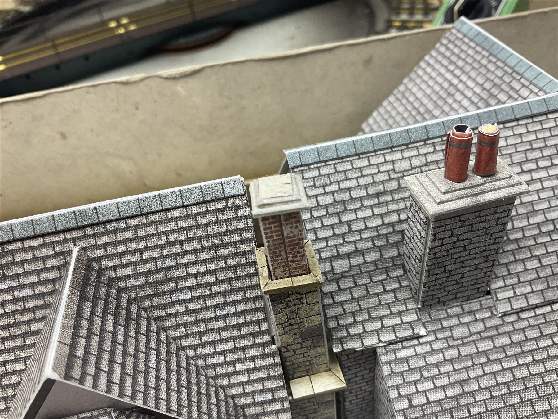Fleischmann '00' gauge motorised turntable; boxed; kit-built plastic two-road engine shed; and eight kit-built card trackside/layout buildings