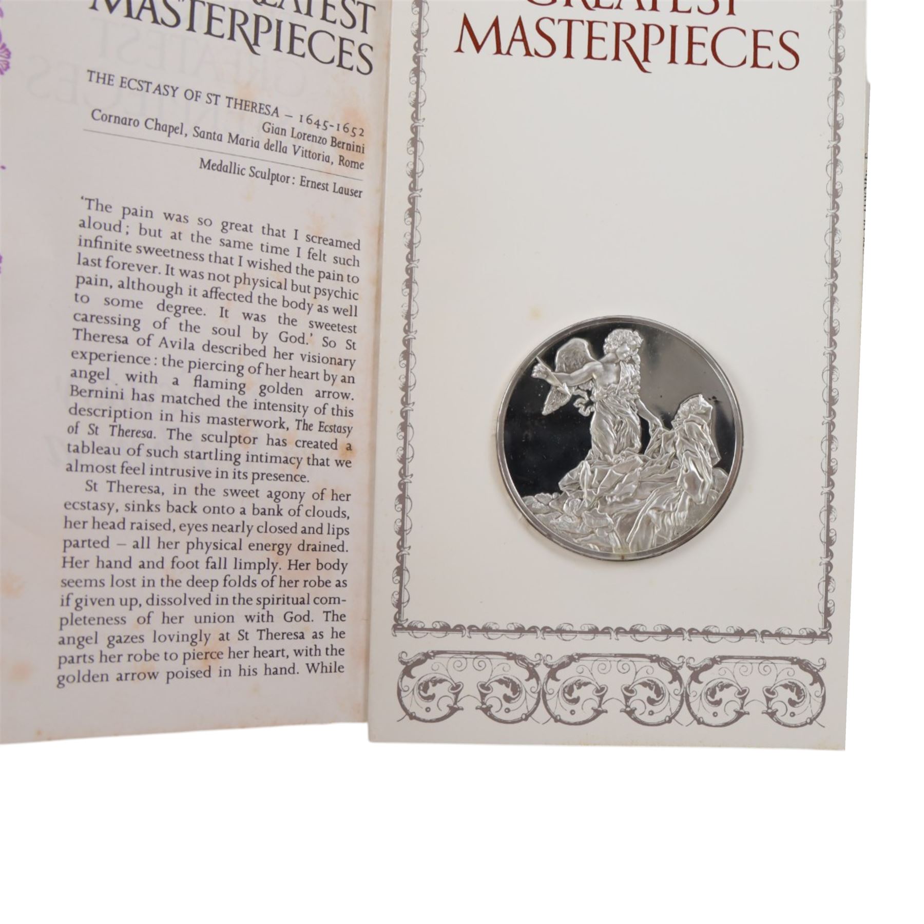 John Pinches 'The 100 Greatest Masterpieces' set of one hundred silver medallions, each on presentation card with information leaflet, together with the corresponding wooden display cabinet