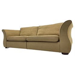 Contemporary large three-seat sofa upholstered in light brown textured fabric, on turned compressed feet, upholstered by Plumbs 
