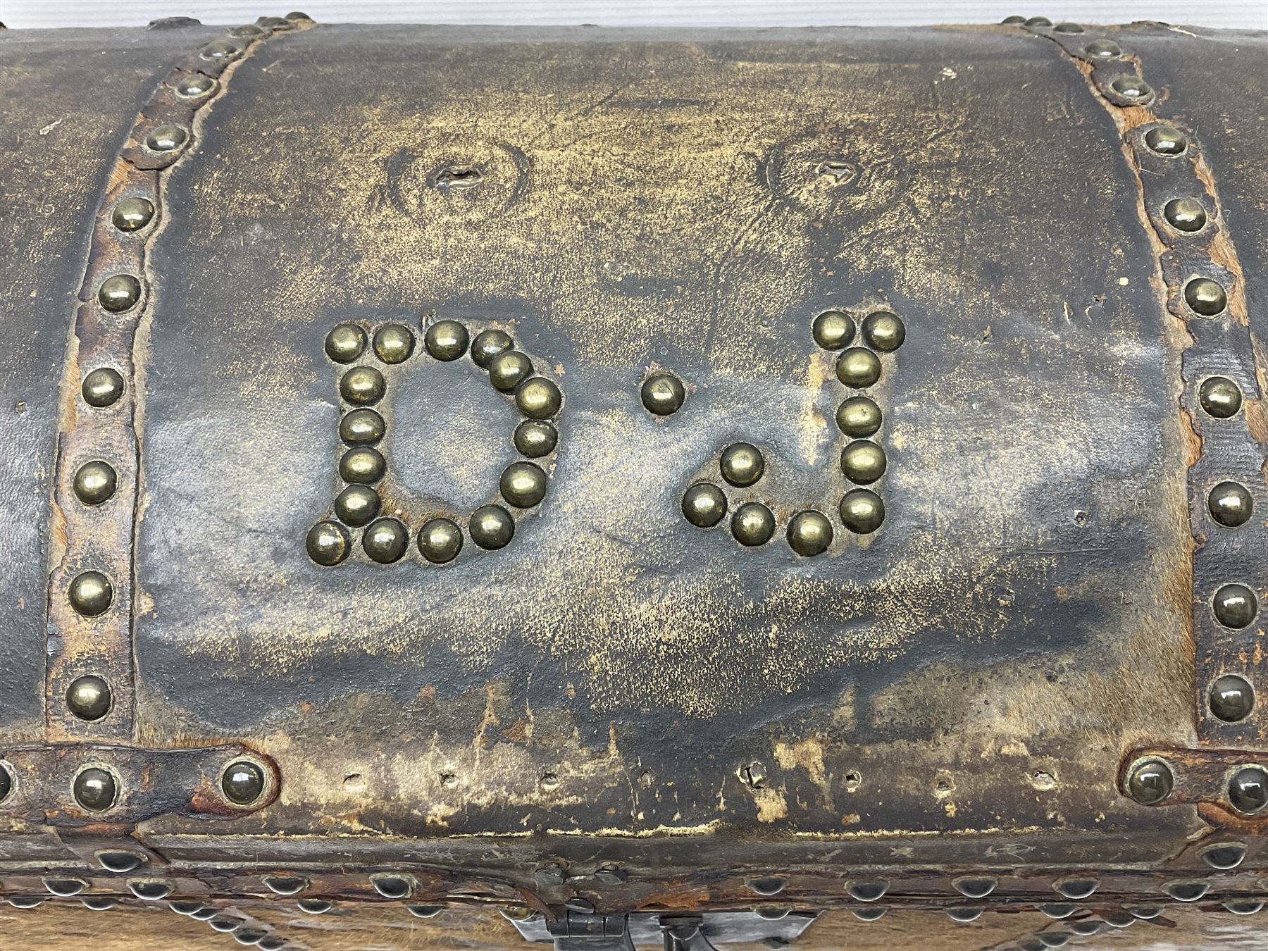 19th century pony skin dome top trunk with metal studded detail, the inside paper label inscribed 'Arabella Brown Trunk, Cheft, Box Maker & Undertaker', H25cm, L46cm 