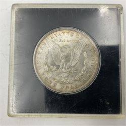 Two United States of America silver Morgan dollars dated 1885 O, 1888 O, King George V 1935 crown coin, and Mexico 1968 twenty-five pesos coin