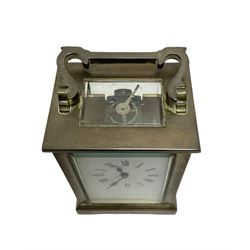 French - late 19th century 8-day timepiece carriage clock in an Anglaise case with carrying handle and rectangular bevelled glass panels, enamel dial with Roman numerals and steel spade hands, with a lever platform escapement, jewelled balance and timing screws. With key. 