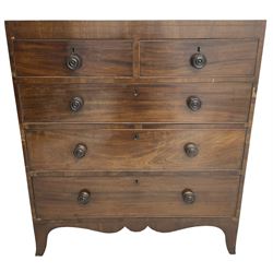 19th century straight-front chest, fitted with two short over three long graduating cock-beaded drawers, shaped apron over bracket feet