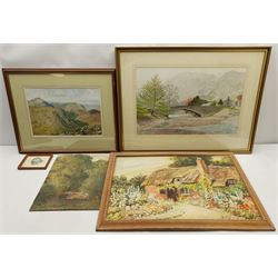 K Bate (British 20th century): Stone Bridge, watercolour signed; 'Ennerdale from Great Gable', 20th century watercolour indistinctly signed; Cottage Garden, 20th century watercolour unsigned; Punting on the River, oil on canvas laid on panel unsigned; 'Valley Farm', 20th century chromolithograph; 'Dotterel', pencil drawing, max 35cm x 53cm (6)