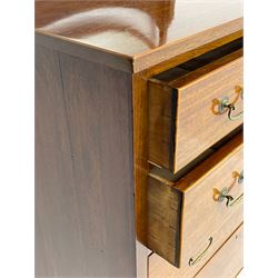 George III design mahogany straight-front chest, raised oval swing mirror with bevelled glass on turned supports, fitted with five graduating drawers with boxwood stringing, on bracket feet