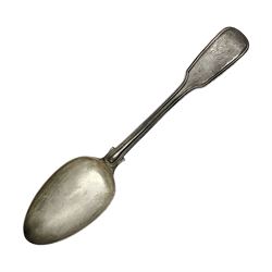 Victorian silver Fiddle pattern table spoon, with reed border and engraved monogram to terminal, hallmarked Elizabeth Eaton, London 1853