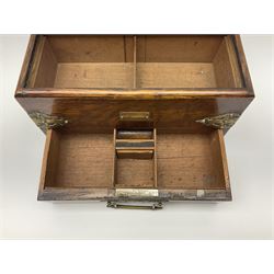 Brass mounted oak humidor, the slide action top opening to a base drawer, cedar lined with central compartment and striker, the drawer stamped Rd 107198, H17cm, D18cm