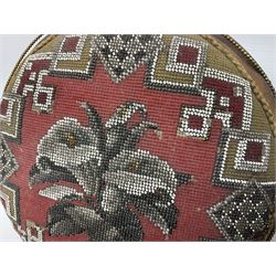 Pair of Victorian beadwork footstools of circular form with a beaded and needlework upholstery, together with a victorian needlework tray with a glass cover, footstool D30cm