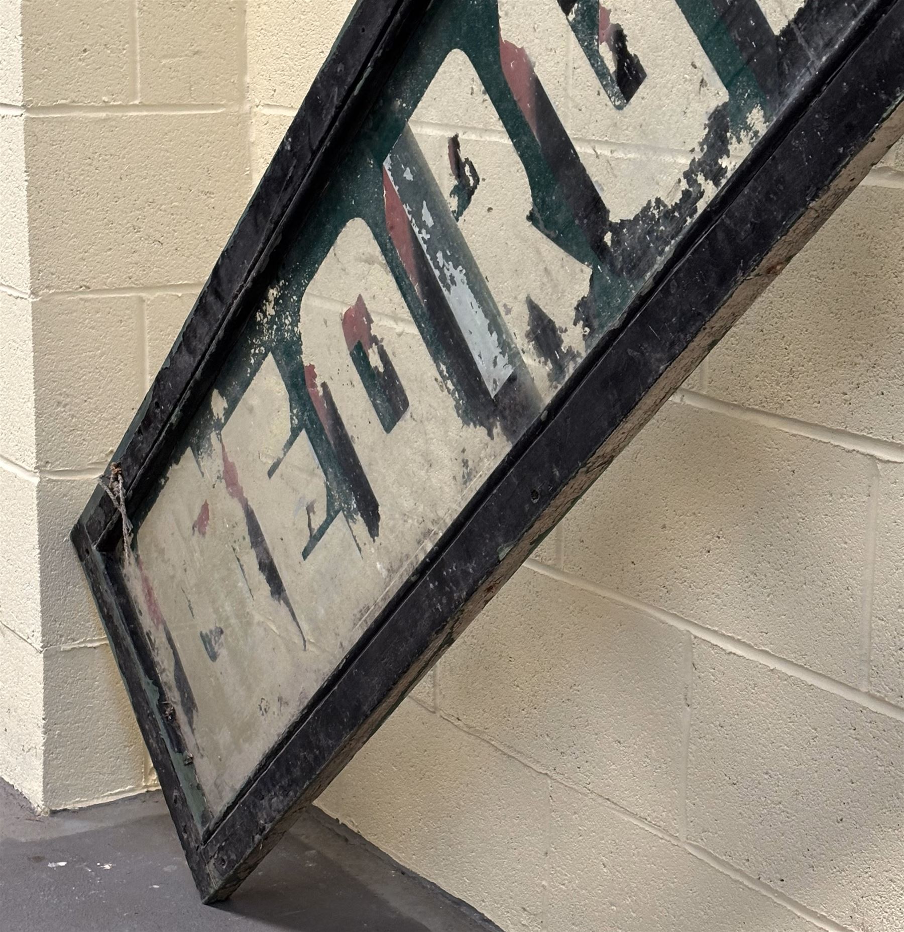 Reverse painted glass shop advertising sign, late 19th century, reading 'George Ellis Dewsbury Ltd Fish, Poultry and game.' L407cm H51cm.  - COLLECTION BY APPOINTMENT FROM: The White House, Thirsk Road, Easingwold, York, YO61 3NF - CALL 01723 507111 TO ARRANGE