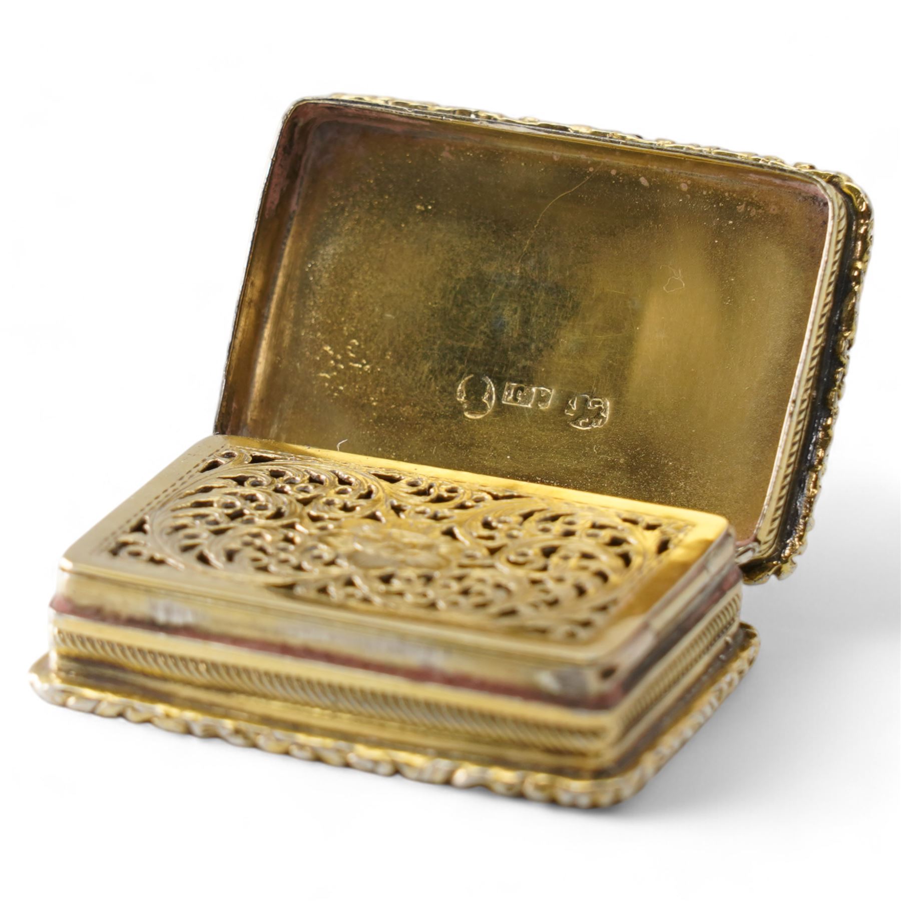 George IV silver gilt vinaigrette with pierced and engraved hinged grille, exterior vacant cartouche and engraved decoration Birmingham 1828 Maker Thomas Parker